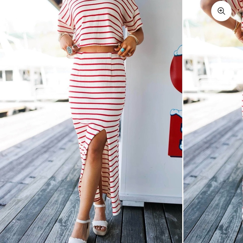Together Red & White Striped Maxi Skirt with Front Slit